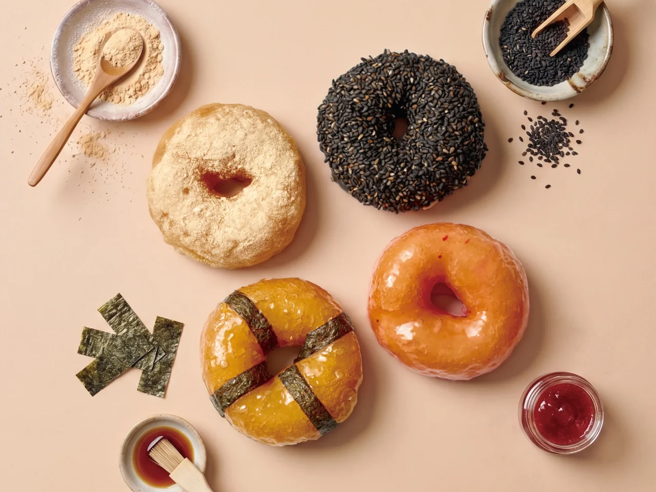UNI DONUTSのもっちりドーナツ全4種と素材を並べた俯瞰写真