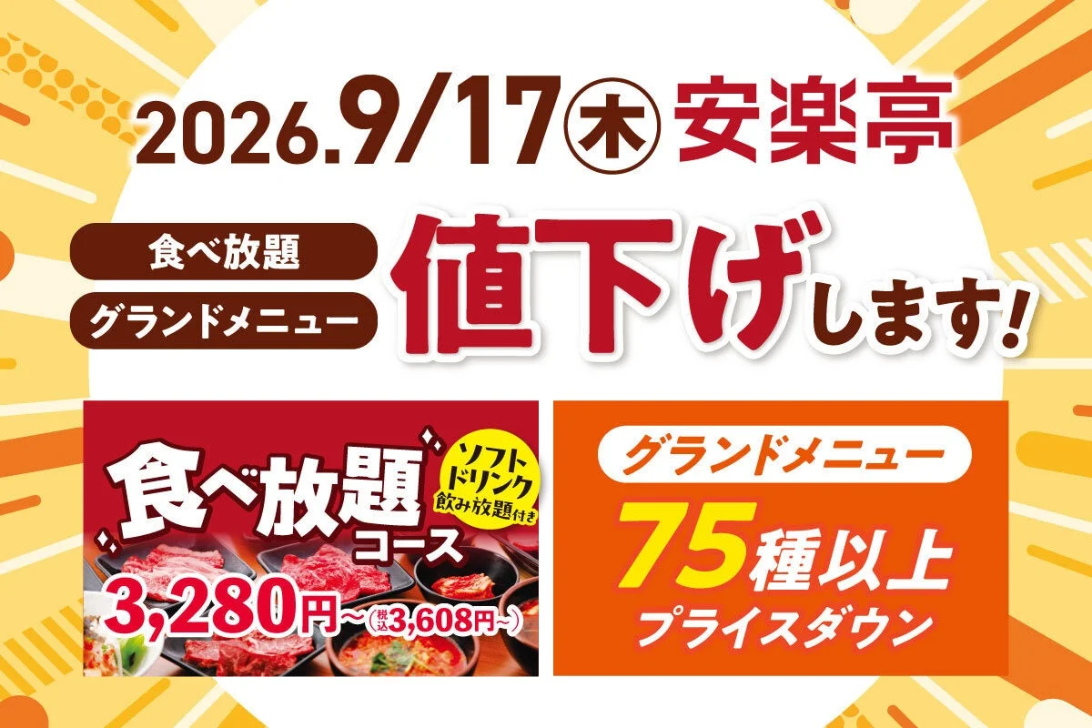 安楽亭の食べ放題コースとグランドメニューの値下げを告知するビジュアル