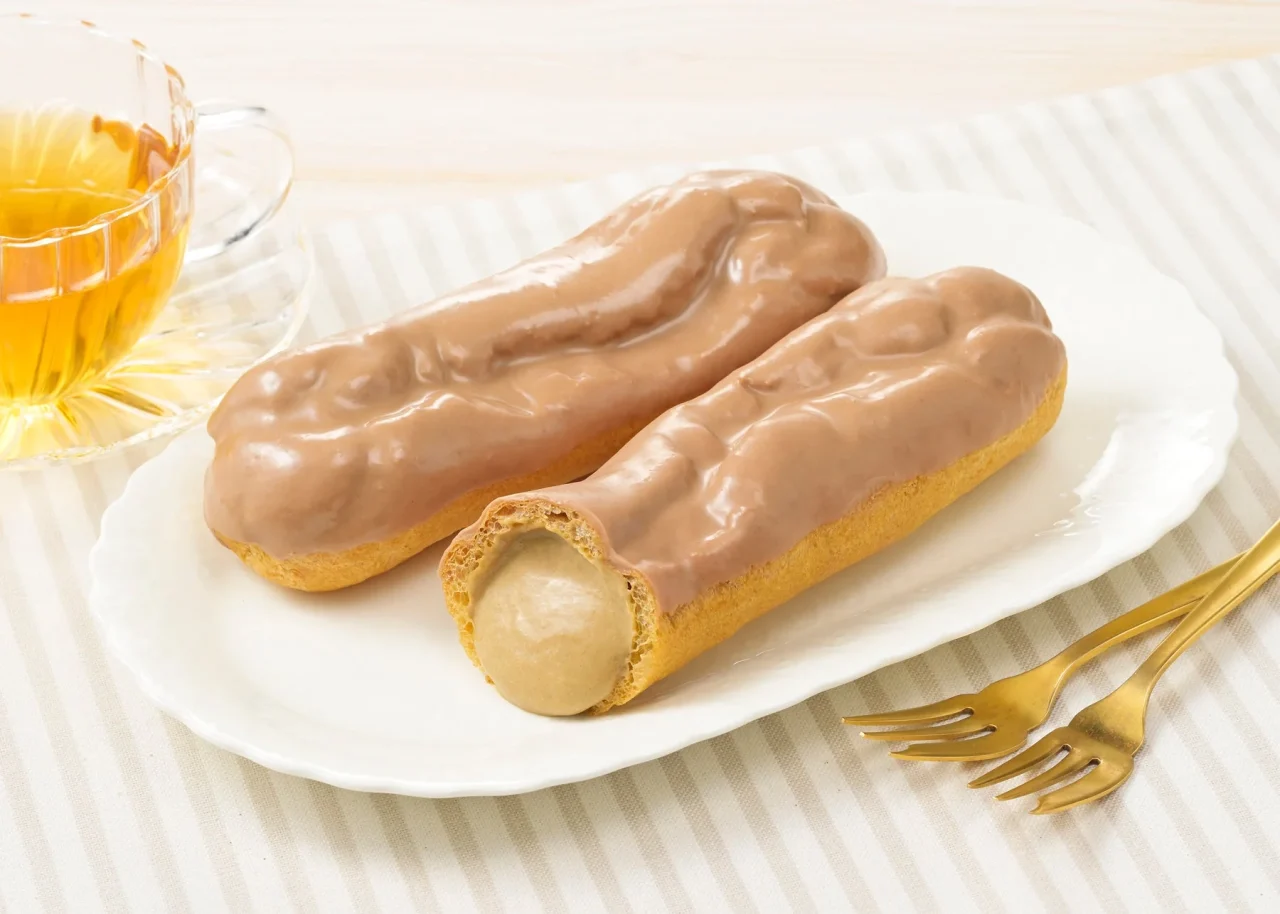 大きなエクレア（モカ）の全体と断面、コーヒーカスタードクリームとコーティングチョコ
