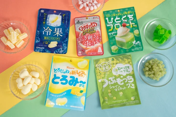 新感覚グミ5種類の商品パッケージとそれぞれのグミの実物
