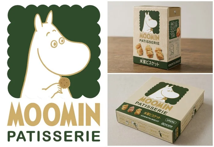 MOOMIN PATISSERIEのロゴと、箱入りおよび缶入りの米蜜ビスケット商品