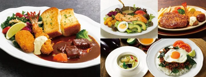 ロイヤルホストの新しいグランドメニュー料理の盛り合わせ