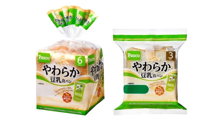 「やわらか豆乳食パン」の6枚スライスと3枚入のパッケージ