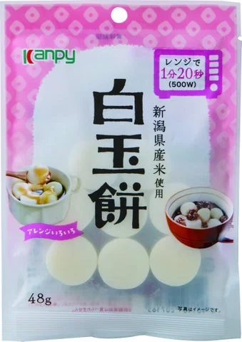 カンピー白玉餅のパッケージ。新潟県産もち米使用、電子レンジ調理対応の記載がある。