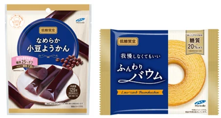 低糖質堂の「なめらか小豆ようかん」と「我慢しなくてもいいふんわりバウム」のパッケージ