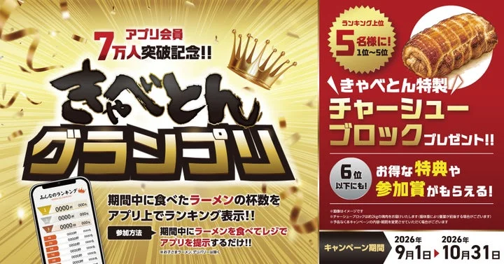 きゃべとんグランプリの告知画像。特製チャーシューブロックやランキング表示画面が描かれている。