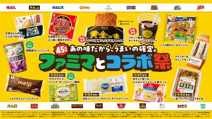 ファミマとコラボ祭の告知画像。様々なコラボ商品が並ぶ全体図。