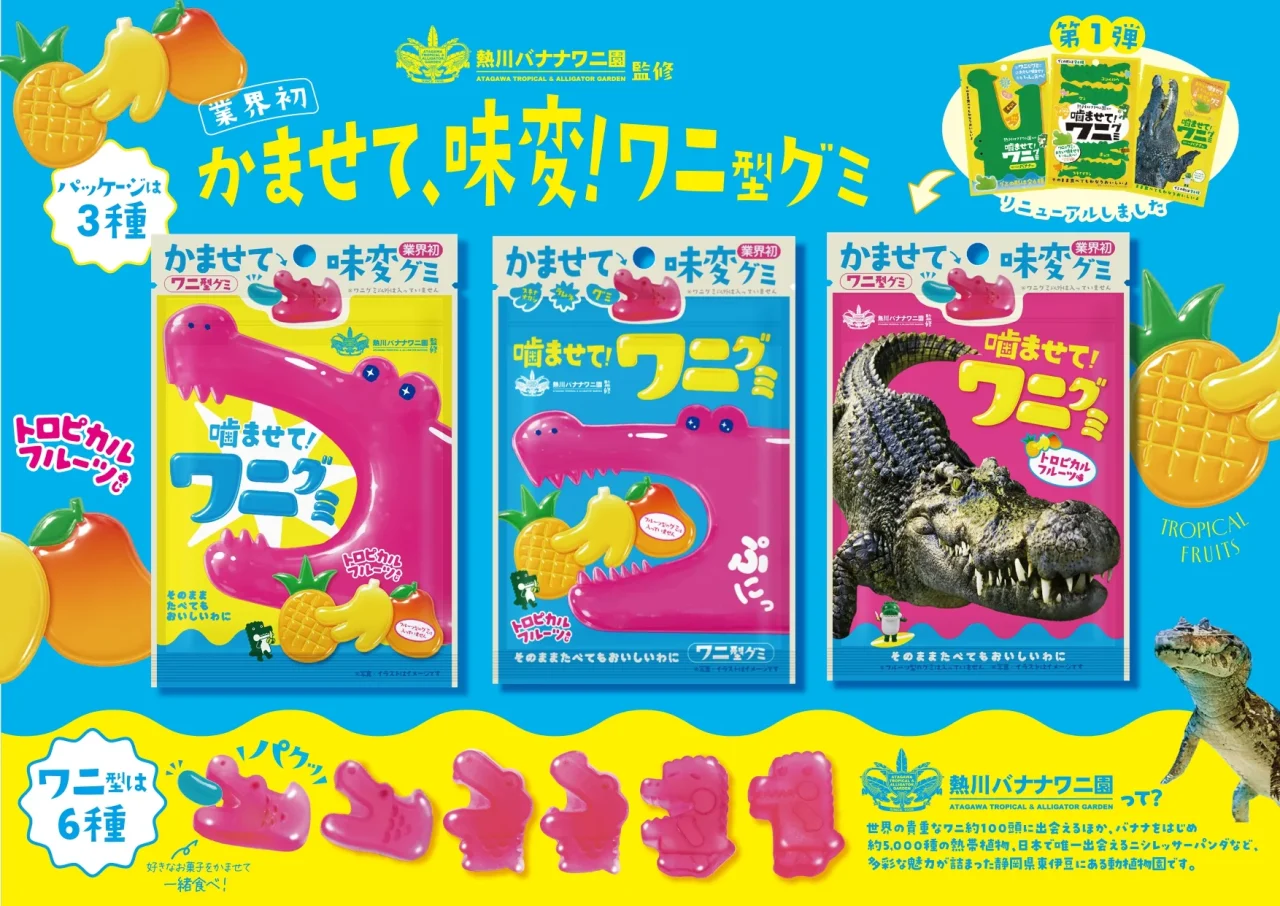 3種類の「噛ませて！ワニグミ」パッケージとグミの形状紹介