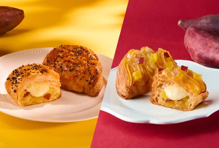 焼きたてカスタードおいもパイと、おいもバターパイの断面。