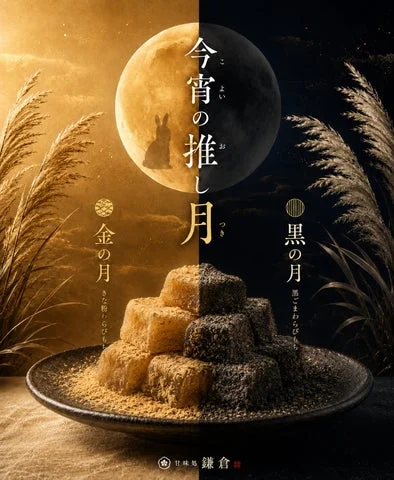 十五夜をイメージした背景に、きなこと黒ごまのわらびもちが並べられた商品イメージ