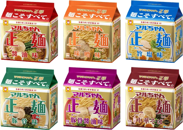 マルちゃん正麺の醤油、味噌、旨塩、豚骨、豚骨醤油、中華そばの6種パッケージ