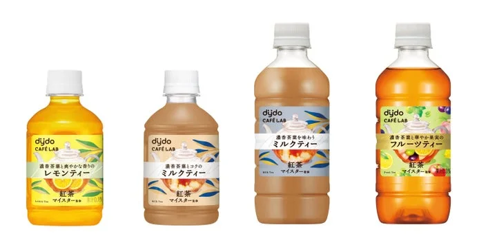 dydo CAFÉ LABブランドのPETボトル紅茶4品（レモンティー、ミルクティー2種、フルーツ）