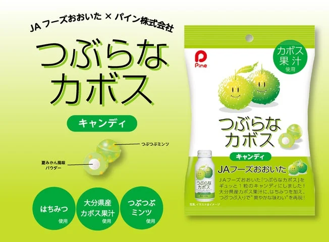 つぶらなカボスキャンディのパッケージと、はちみつ・大分県産カボス果汁・つぶつぶミンツの特徴を解説した