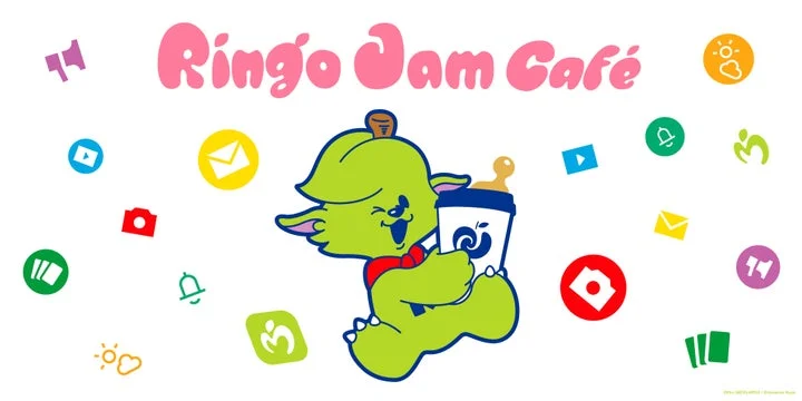 メメルがアプリ風アイコンに囲まれたRingo Jam Caféの告知ビジュアル
