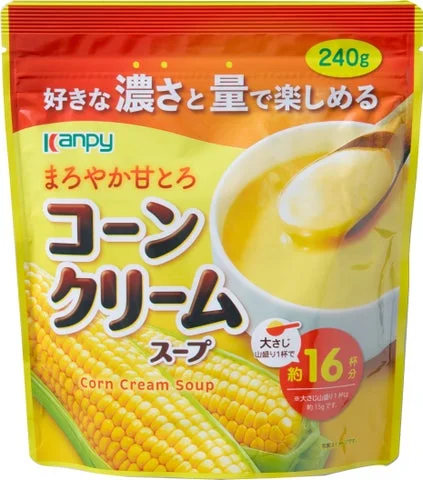 カンピーコーンクリームスープの240gスタンドパックとスープのイメージ