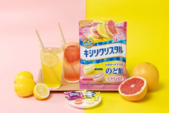 レモネードアソートのど飴のパッケージと個包装、レモンやグレープフルーツ、飲み物