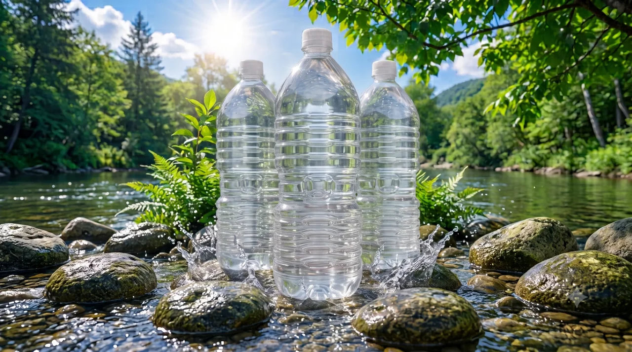おいしい水 2Lラベルレス 6本入りのペットボトルが自然の川辺に置かれている様子