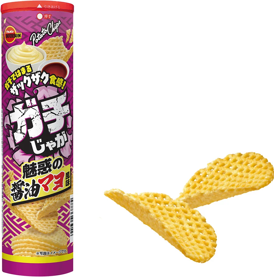 ガチじゃが魅惑の醤油マヨ風味のパッケージと網目状のポテトチップス