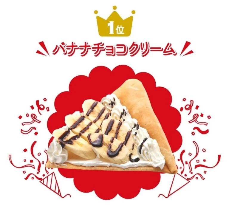 クレープ総選挙1位のバナナチョコクリーム。バナナとチョコソースをトッピングした紙巻きクレープ。