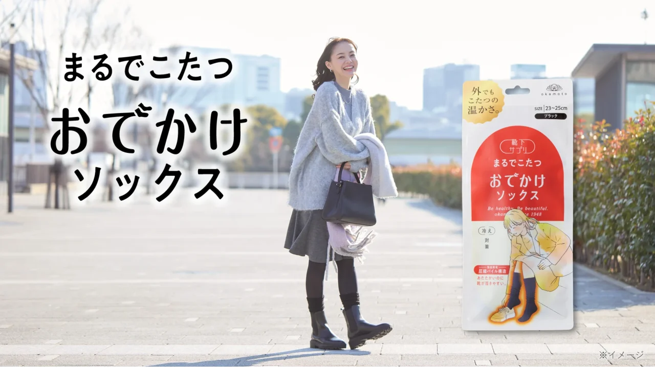 まるでこたつ おでかけソックスの製品パッケージと、靴下を履いたモデルの屋外利用シーン