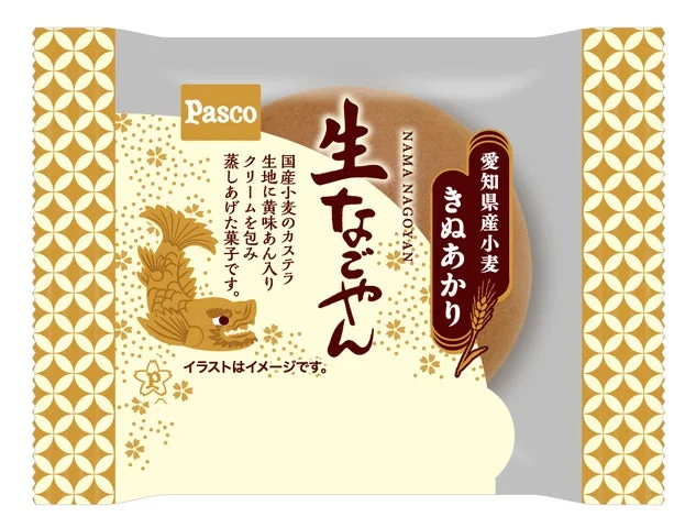 定番商品「生なごやん」のパッケージ。カステラ生地に黄味あんクリームを包んだ菓子の説明がある。