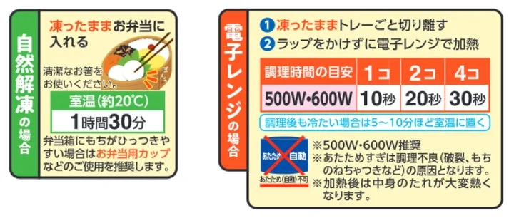 みたらしもちぽんっの自然解凍と電子レンジ加熱の調理方法が記載された図解
