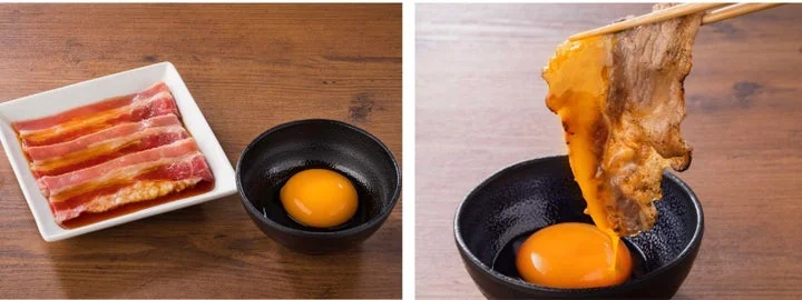 生卵と、焼く前の大判カルビ、焼いた後に卵へくぐらせている様子。