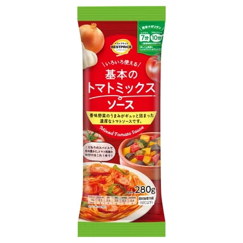 トップバリュベストプライス 基本のトマトミックスソースのパッケージ