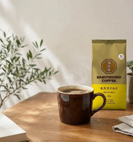 テーブルに置かれたモカマイルドのコーヒー粉パッケージと、淹れたてのコーヒーが入ったマグカップ