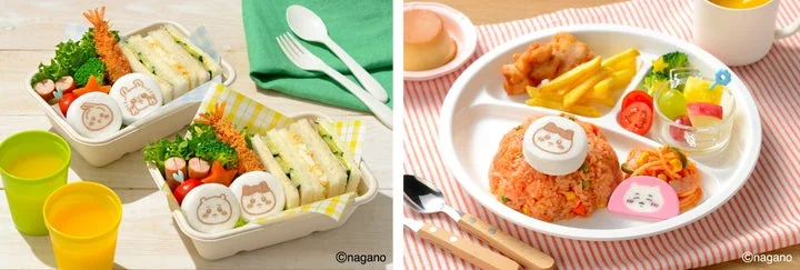 弁当箱やプレートに盛り付けられた、ちいかわサンドはんぺんの食卓利用シーン