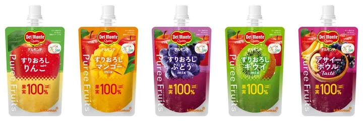 ピュレフルーツシリーズの5種類のフレーバーが並んだパッケージ