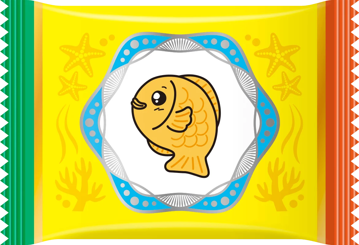 魚のキャラクターが描かれた黄色の個包装パッケージ。