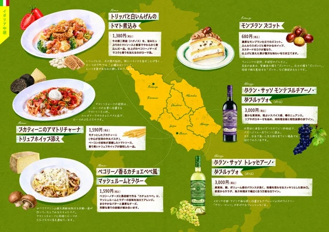 イタリア中部の地図とメニュー・ワインを配置した解説図