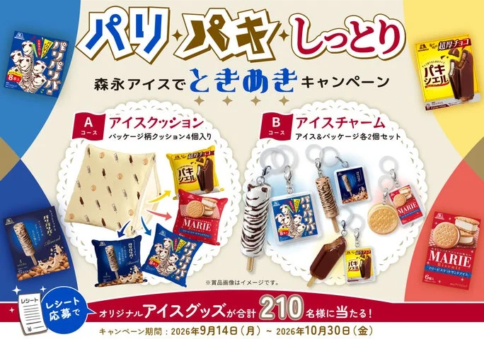 森永アイスでときめきキャンペーンの告知ビジュアル。Aコースのアイスクッション、Bコースのアイスチャム