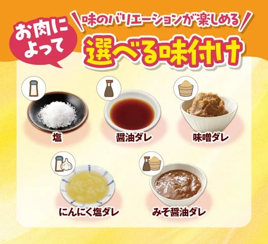 塩、醤油ダレ、味噌ダレ、にんにく塩ダレ、みそ醤油ダレの5種類の味付けを写真で示した図