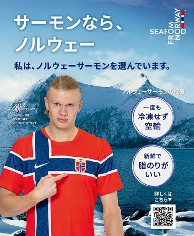 ノルウェー代表ユニフォームを着たアーリング・ハーランド選手と、ノルウェーの山岳風景を背景にした「サー