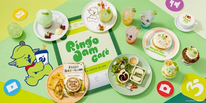 メメルとMGA Appの要素を取り入れたRingo Jam Caféのメニューと店内の俯瞰図