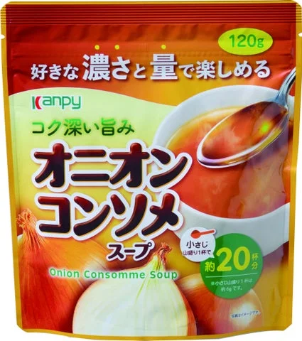カンピー オニオンコンソメスープのスタンドパックとスープのイメージ