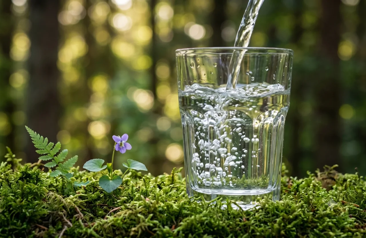 おいしい水 2Lラベルレス 6本入りのイメージ。グラスに注がれる水と自然の風景