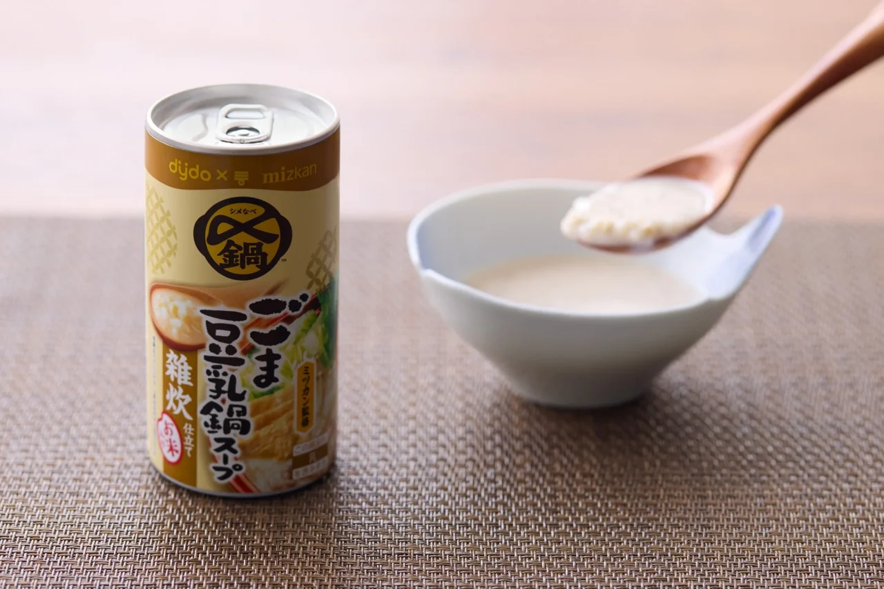 ダイドー×ミツカン 〆鍋 ごま豆乳鍋スープ 雑炊仕立ての缶と、お米入りのスープ