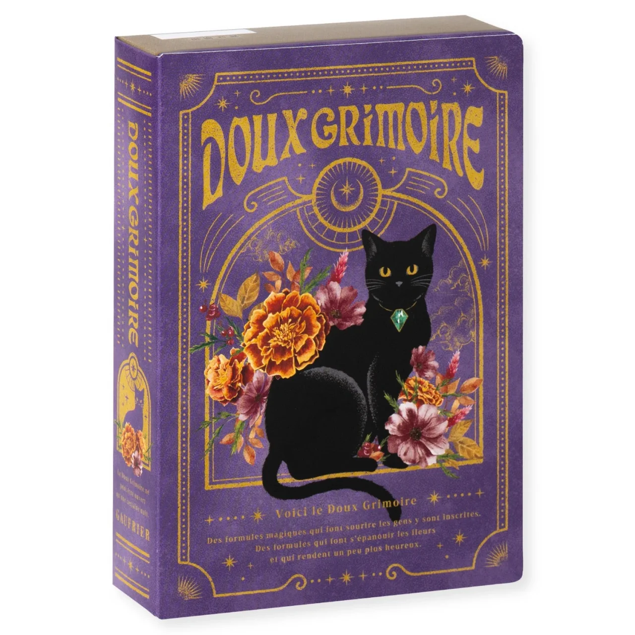 ドゥー・グリモワールのブック型パッケージ。紫地に黒猫と花のイラスト