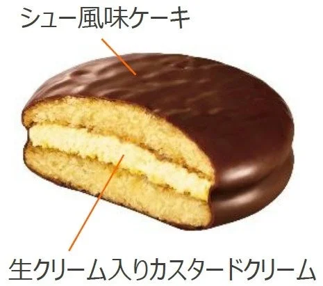 チョコパイ<クリームシュー>個売りの断面図。シュー風味ケーキと生クリーム入りカスタードクリームが確認できる。