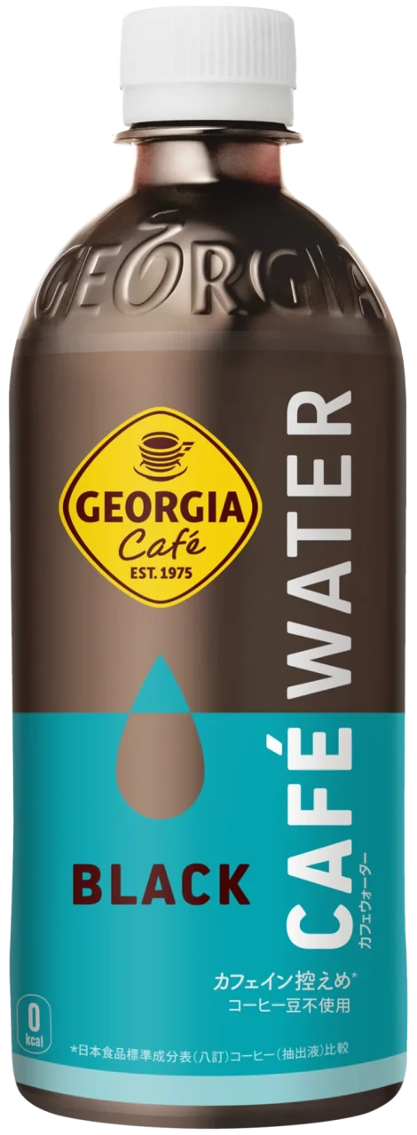 ジョージア カフェウォーター ブラックのボトル。茶色い液体と青いラベルが特徴。