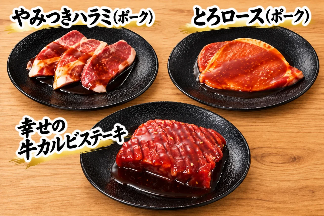 大感激コース新登場の3種のお肉を黒皿に盛り付けた写真