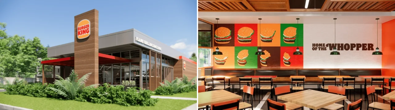 バーガーキング®店舗の外観と、ワッパー®イラストが描かれた店内のデザイン