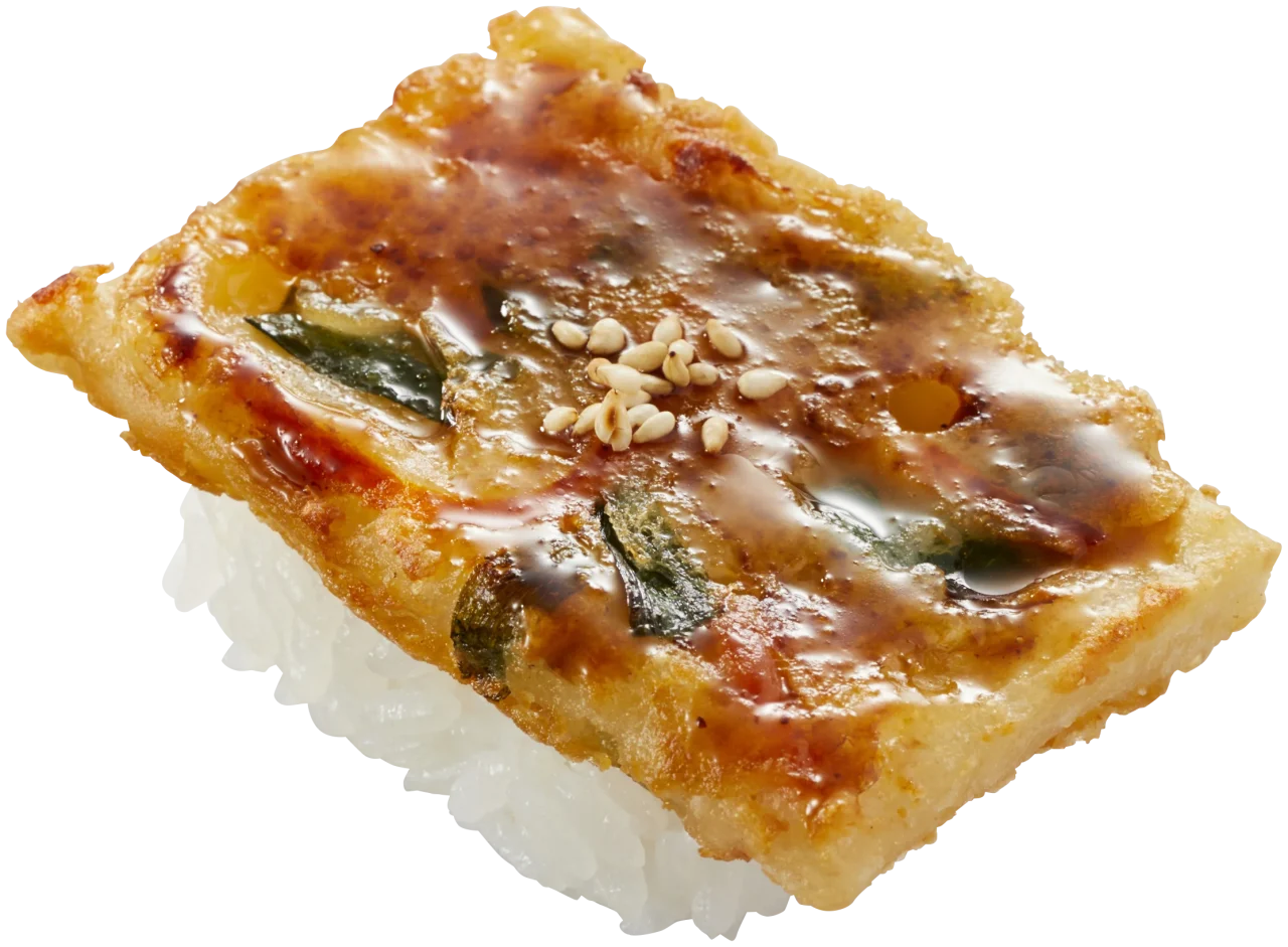 海鮮チヂミにぎり～李朝園のタレ使用～の焼きチヂミとごまのトッピング