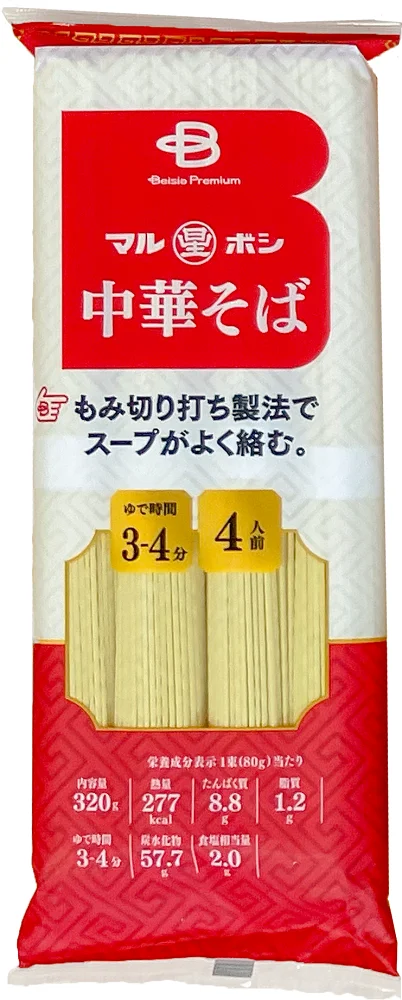 Beisia Premium 中華そばのパッケージ。赤い帯に商品名と製法が記載され、中から細麺が覗いている。