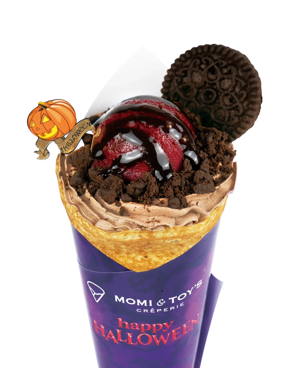 MOMI&TOY'Sのハロウィンクレープ。紫色の巻紙にカシスシャーベットとチョコをトッピング