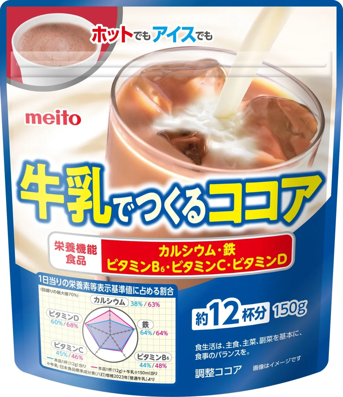 meito 牛乳でつくるココアのパッケージ。カルシウム、鉄、ビタミン類を含む栄養機能食品。
