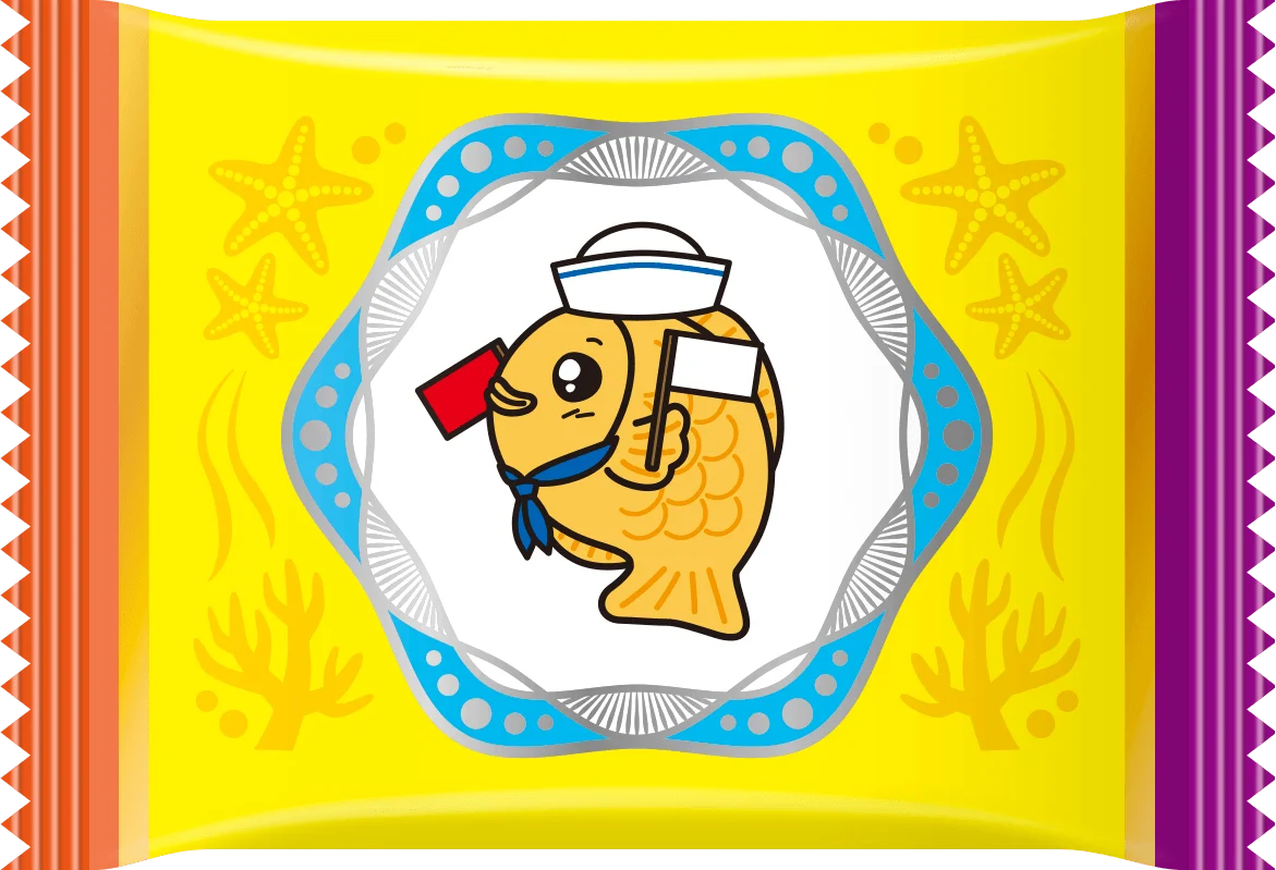 旗を持った水兵姿の魚キャラクターが描かれた個包装パッケージ。